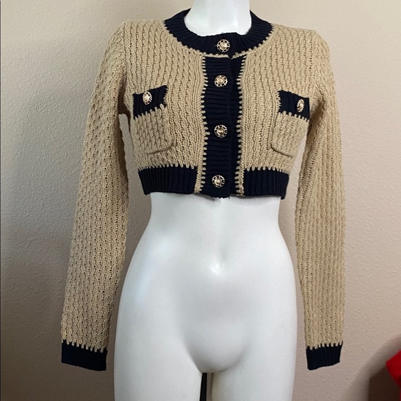 QIUROUYAO designer tan black cropped knit sweater cardigan perfect ❤️❤️❤️ - Picture 3 of 9